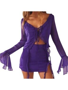Peppermayo Tie Front Sheer Ruffle Blouse Purple Long Sleeve S